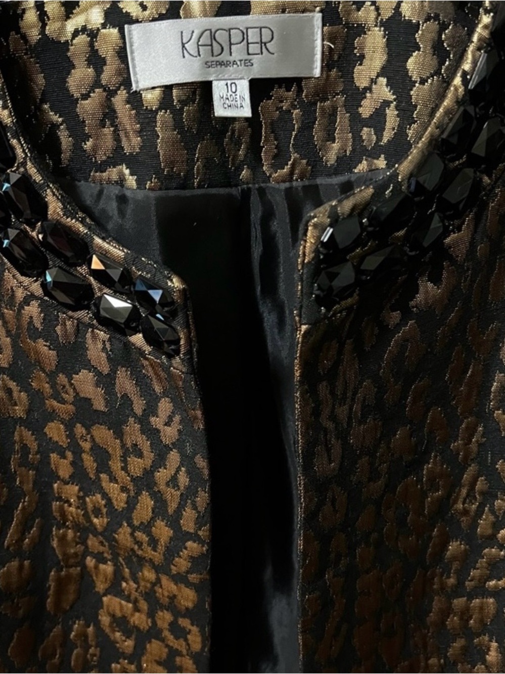 Kasper Black and Gold Leopard-Print Beaded Evening Jacket